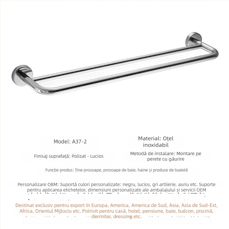 Cuier prosoape din oțel inoxidabil 304, bară simplă sau dublă, montaj pe perete, finisaj lustruit, depozitare în 2 niveluri
