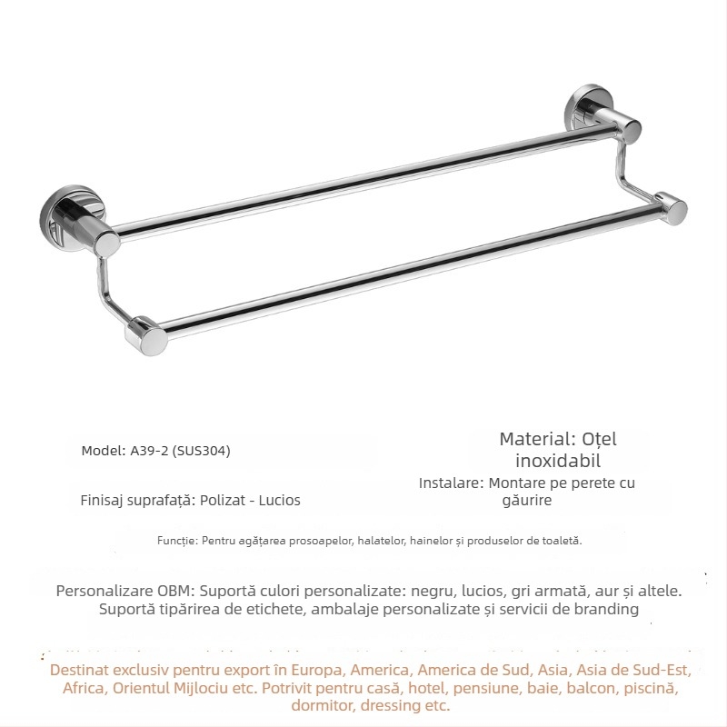 Cuier prosoape din oțel inoxidabil 304, bară simplă sau dublă, montaj pe perete, finisaj lustruit, depozitare în 2 niveluri