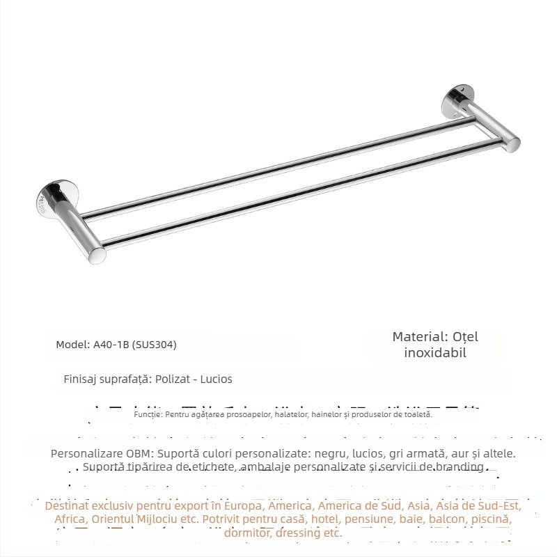 Cuier prosoape din oțel inoxidabil 304, bară simplă sau dublă, montaj pe perete, finisaj lustruit, depozitare în 2 niveluri