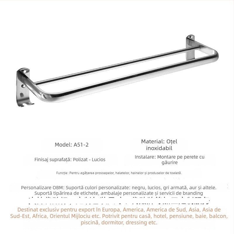 Cuier prosoape din oțel inoxidabil 304, bară simplă sau dublă, montaj pe perete, finisaj lustruit, depozitare în 2 niveluri