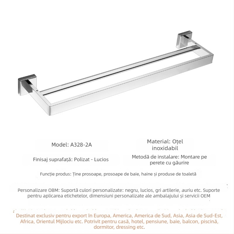 Cuier prosoape din oțel inoxidabil 304, bară simplă sau dublă, montaj pe perete, finisaj lustruit, depozitare în 2 niveluri