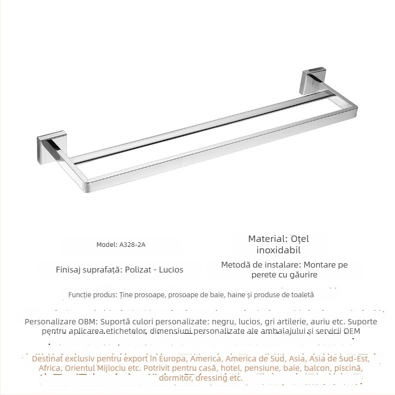 Cuier prosoape din oțel inoxidabil 304, bară simplă sau dublă, montaj pe perete, finisaj lustruit, depozitare în 2 niveluri