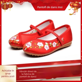 Pantofi pentru copii în stil tradițional chinezesc, brodați, confecționați din materiale textile, talpă plată moale, unisex