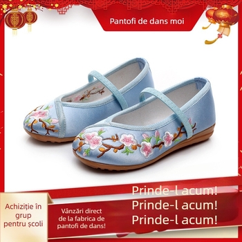 Pantofi pentru copii în stil tradițional chinezesc, brodați, confecționați din materiale textile, talpă plată moale, unisex
