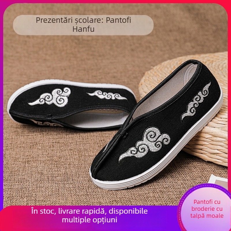 Pantofi pentru copii în stil tradițional chinezesc, brodați, confecționați din materiale textile, talpă plată moale, unisex