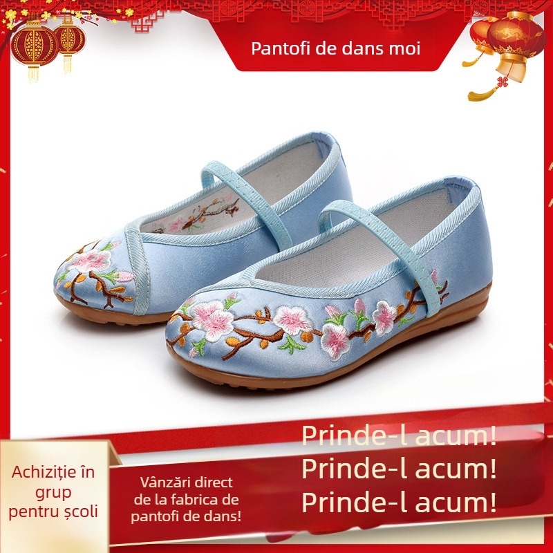 Pantofi pentru copii în stil tradițional chinezesc, brodați, confecționați din materiale textile, talpă plată moale, unisex