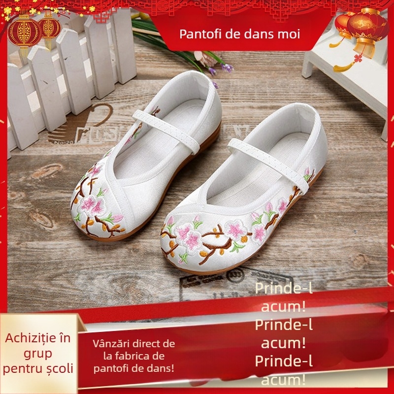 Pantofi pentru copii în stil tradițional chinezesc, brodați, confecționați din materiale textile, talpă plată moale, unisex