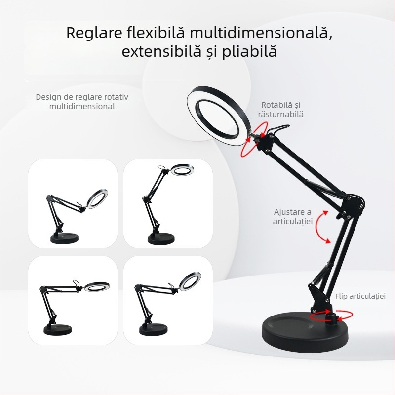 Lampă de birou LED cu protecție pentru ochi, braț lung și lupă rabatabilă, 6–10W, alimentare USB, CE certificat, CRI 80–89, tensiune ≤36V