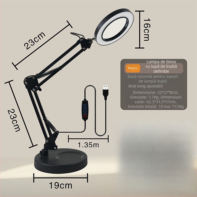 Lampă de birou LED cu protecție pentru ochi, braț lung și lupă rabatabilă, 6–10W, alimentare USB, CE certificat, CRI 80–89, tensiune ≤36V