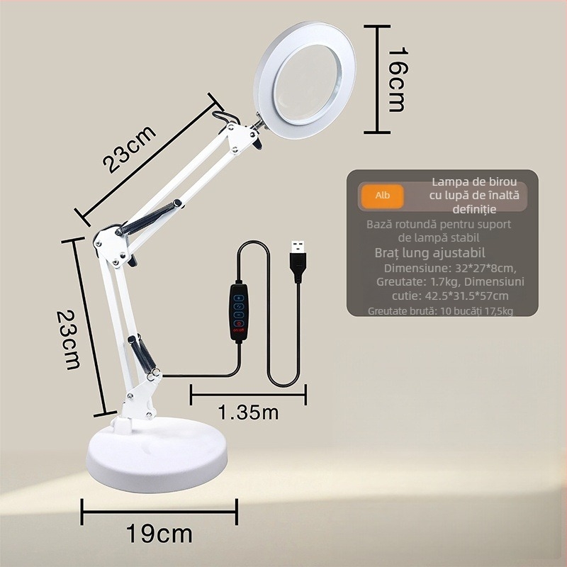 Lampă de birou LED cu protecție pentru ochi, braț lung și lupă rabatabilă, 6–10W, alimentare USB, CE certificat, CRI 80–89, tensiune ≤36V