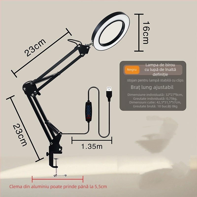 Lampă de birou LED cu protecție pentru ochi, braț lung și lupă rabatabilă, 6–10W, alimentare USB, CE certificat, CRI 80–89, tensiune ≤36V