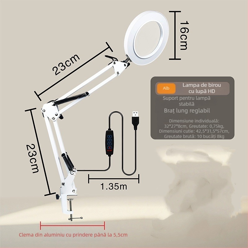 Lampă de birou LED cu protecție pentru ochi, braț lung și lupă rabatabilă, 6–10W, alimentare USB, CE certificat, CRI 80–89, tensiune ≤36V