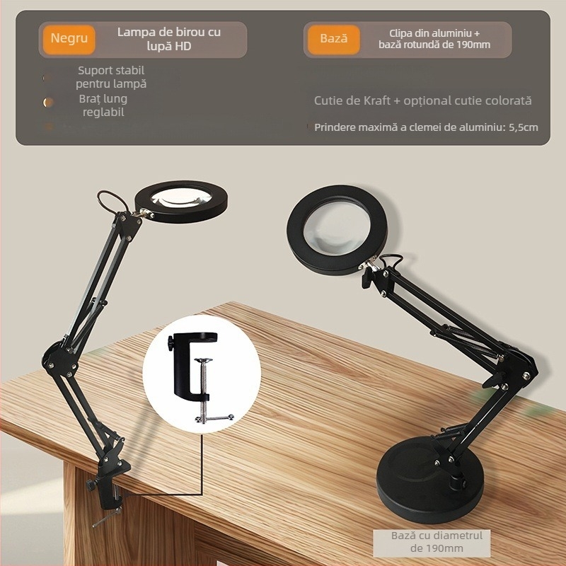 Lampă de birou LED cu protecție pentru ochi, braț lung și lupă rabatabilă, 6–10W, alimentare USB, CE certificat, CRI 80–89, tensiune ≤36V