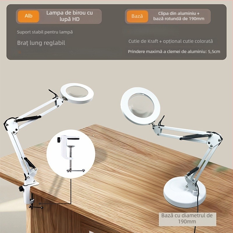 Lampă de birou LED cu protecție pentru ochi, braț lung și lupă rabatabilă, 6–10W, alimentare USB, CE certificat, CRI 80–89, tensiune ≤36V
