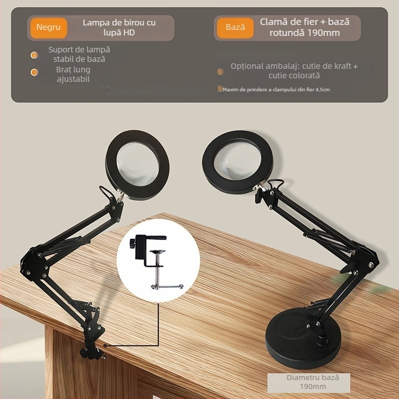 Lampă de birou LED cu protecție pentru ochi, braț lung și lupă rabatabilă, 6–10W, alimentare USB, CE certificat, CRI 80–89, tensiune ≤36V