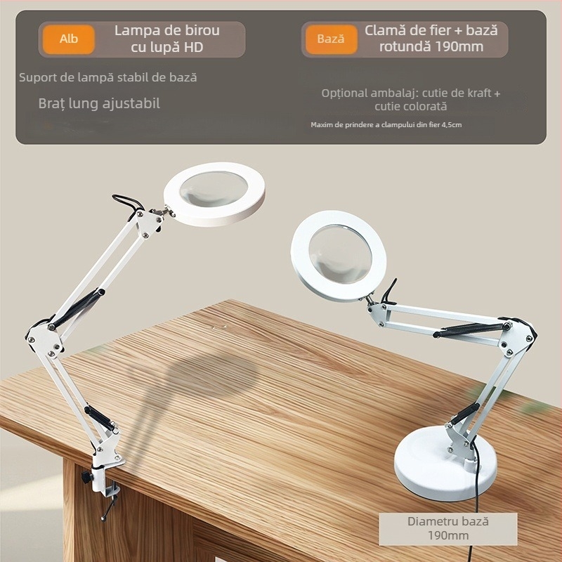 Lampă de birou LED cu protecție pentru ochi, braț lung și lupă rabatabilă, 6–10W, alimentare USB, CE certificat, CRI 80–89, tensiune ≤36V