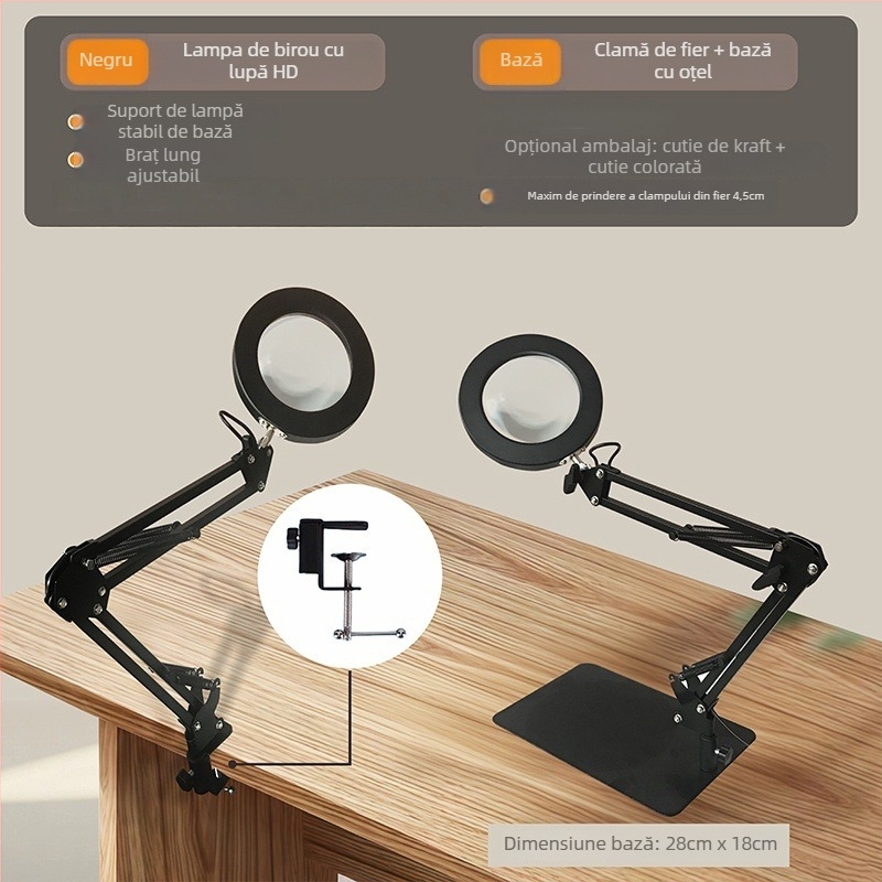 Lampă de birou LED cu protecție pentru ochi, braț lung și lupă rabatabilă, 6–10W, alimentare USB, CE certificat, CRI 80–89, tensiune ≤36V
