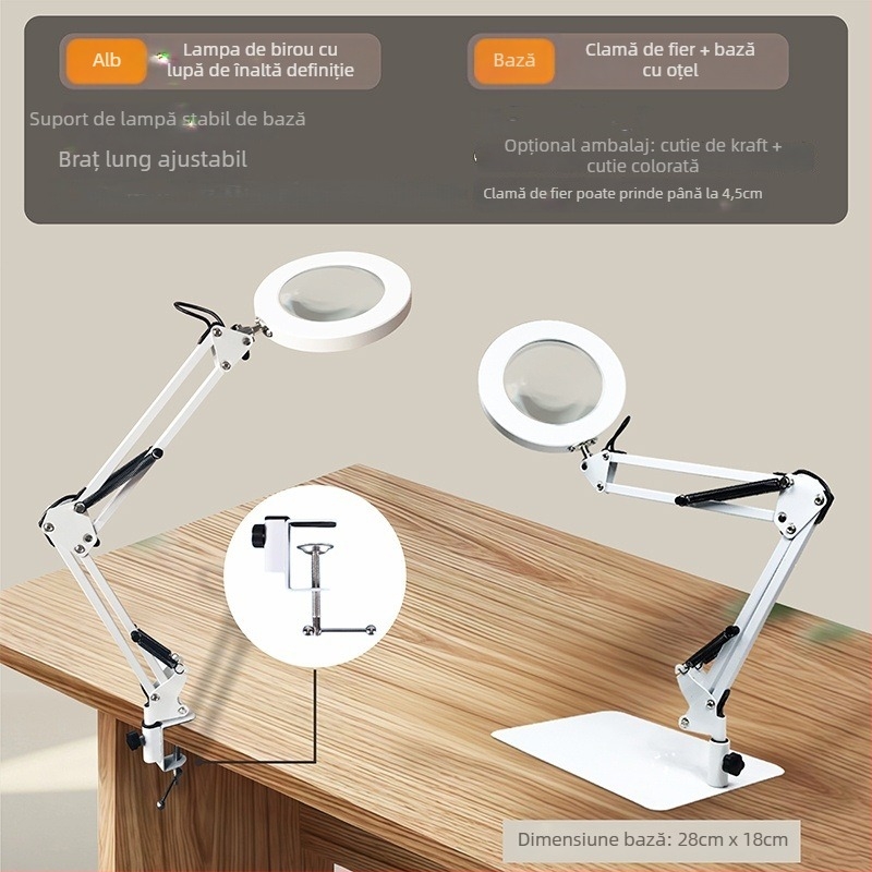 Lampă de birou LED cu protecție pentru ochi, braț lung și lupă rabatabilă, 6–10W, alimentare USB, CE certificat, CRI 80–89, tensiune ≤36V