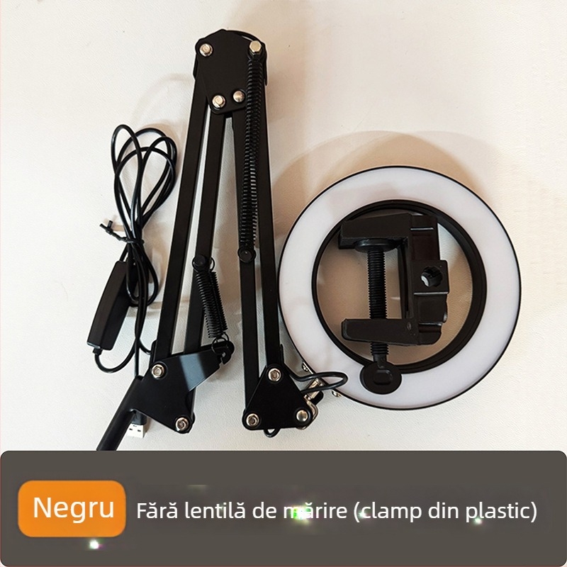 Lampă de birou LED cu protecție pentru ochi, braț lung și lupă rabatabilă, 6–10W, alimentare USB, CE certificat, CRI 80–89, tensiune ≤36V