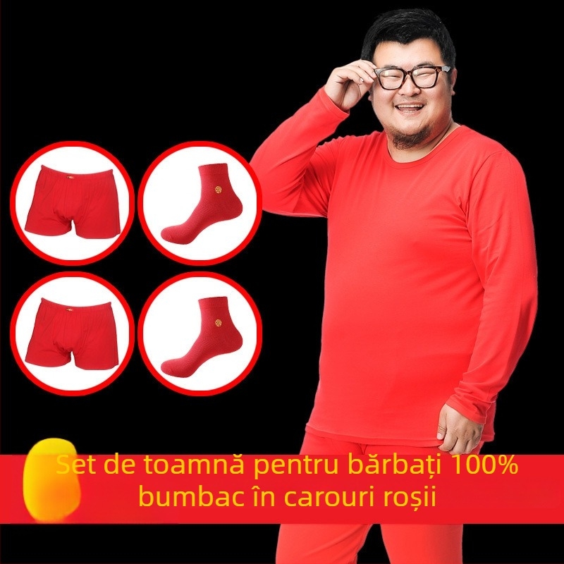 Set de lenjerie termică pentru bărbați, 100% bumbac — călduros pulover cu guler rotund, mâneci lungi și pantaloni, țesătură de greutate medie 181–200 g/m2