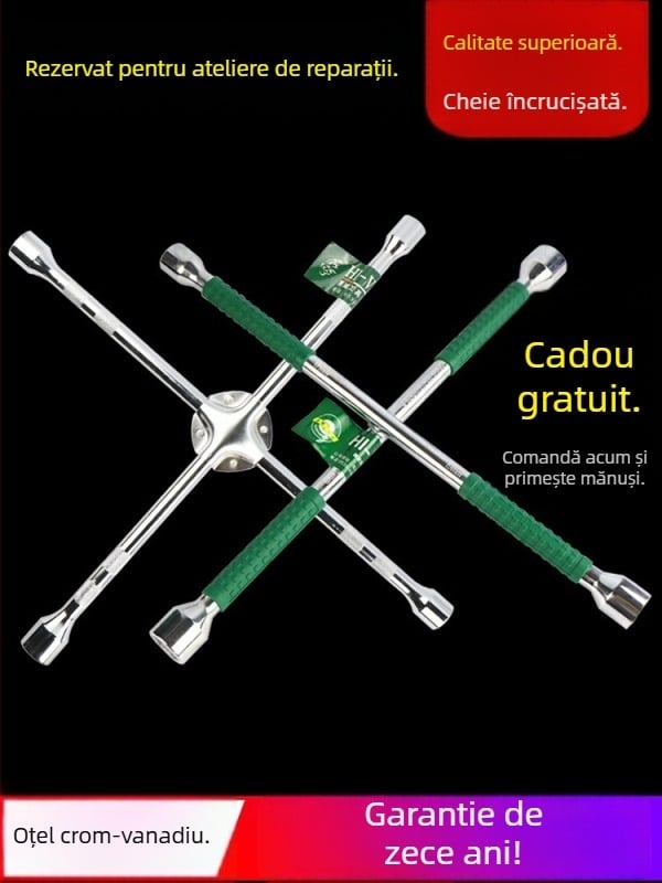 Cheie cu cruce pentru anvelope auto, oțel crom-vanadiu, prelungire, economie de efort