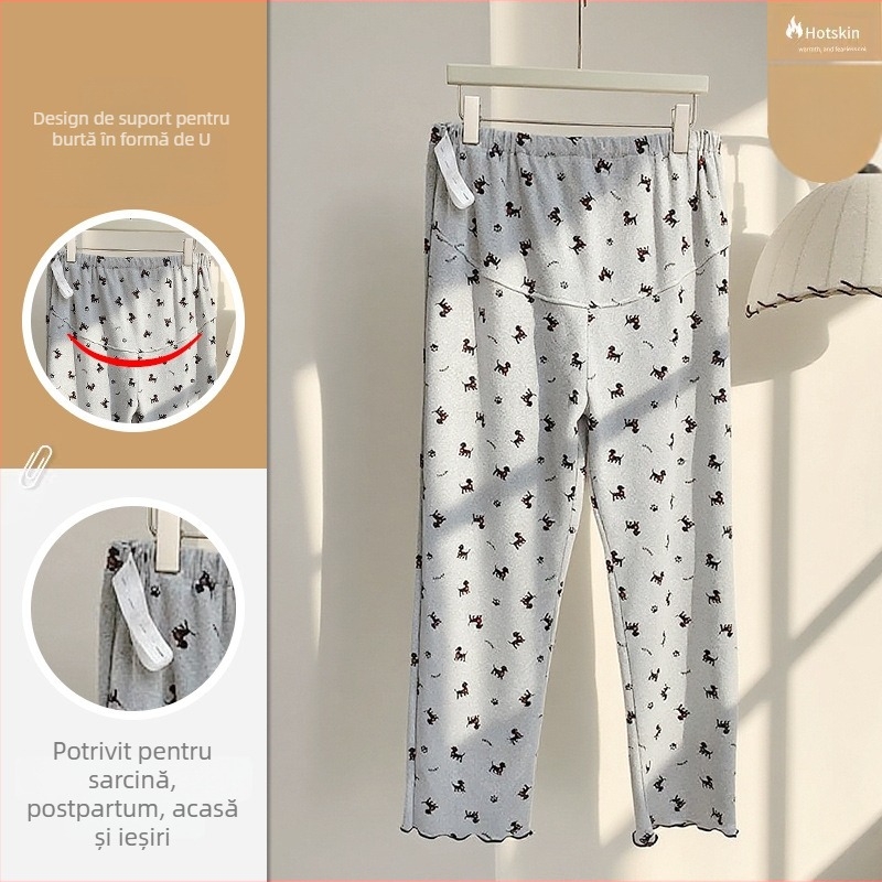 Pantaloni de maternitate cu susținere pentru burtă, postnatali, pantaloni de dormit cu talie înaltă în formă de U, reglabili, țesătură acrilică groasă, potriviți pentru iarnă, primăvară și toamnă
