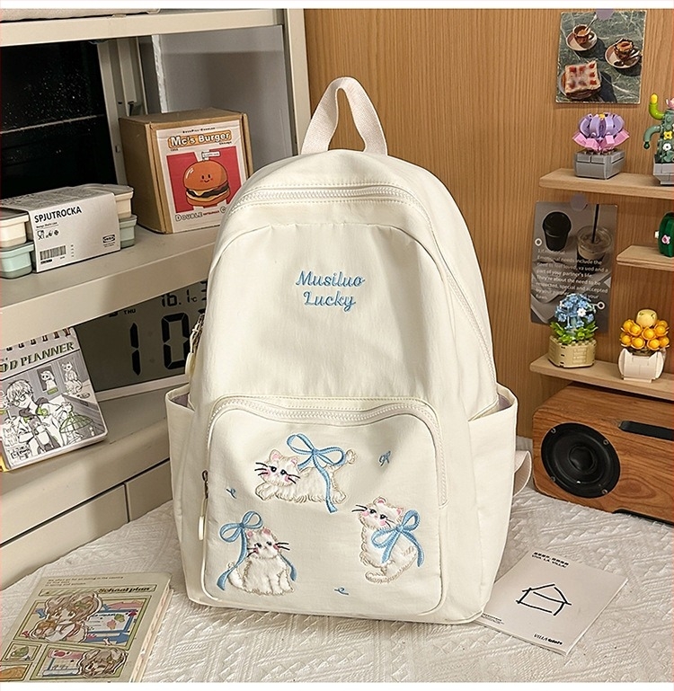 Rucsac din nylon cu motiv brodat de pisicuță, capacitate mare, extensibil cu protecție a coloanei și curele umerare curbate, pentru gimnaziu
