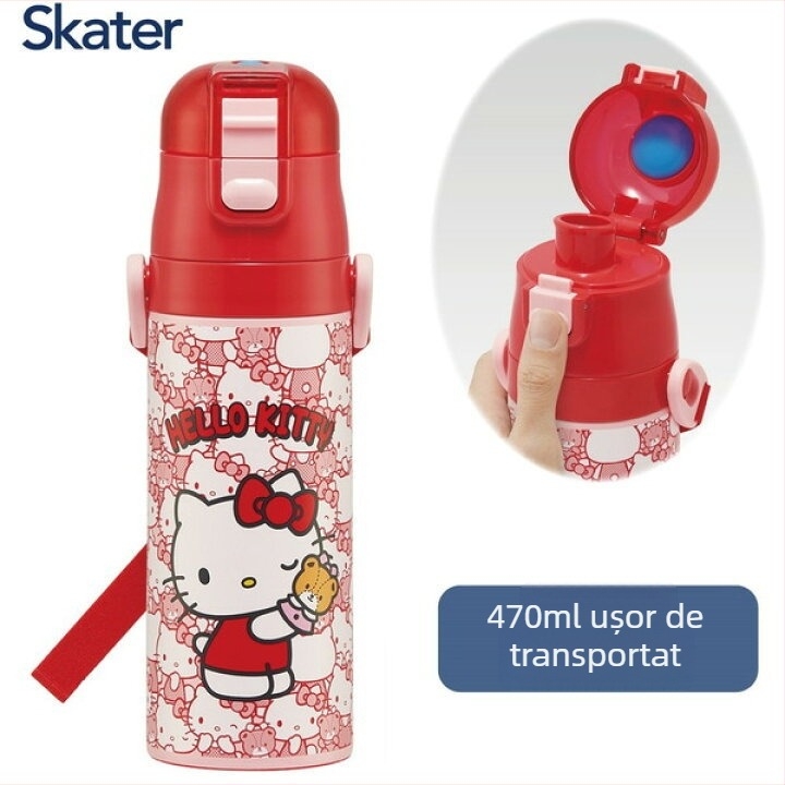 Termos pentru băuturi în stil desen animat, din oțel inoxidabil 304, cu șnur de purtare și blocare, formă dreaptă, izolație 6–12 ore, capac de băut direct