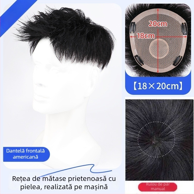 Perucă pentru bărbați din păr real – Stil american, bucată frontală, lungime scurtă, aspect natural fără cusături, mecanism