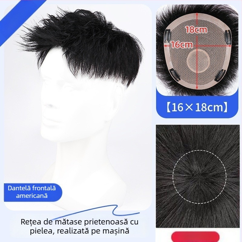 Perucă pentru bărbați din păr real – Stil american, bucată frontală, lungime scurtă, aspect natural fără cusături, mecanism