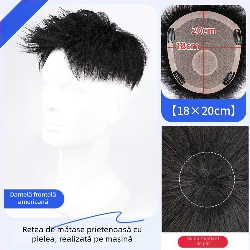 Perucă pentru bărbați din păr real – Stil american, bucată frontală, lungime scurtă, aspect natural fără cusături, mecanism