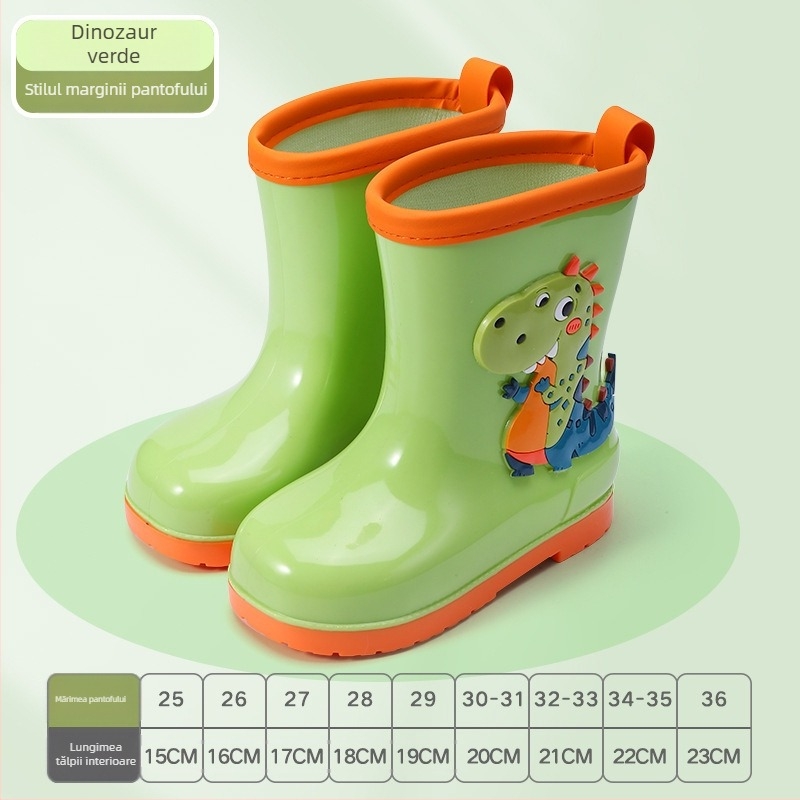 Cizme de ploaie pentru copii – imprimeu desen animat, PVC, toc mic 1–3 cm, înălțime tub medie, pentru toate sezoanele, unisex