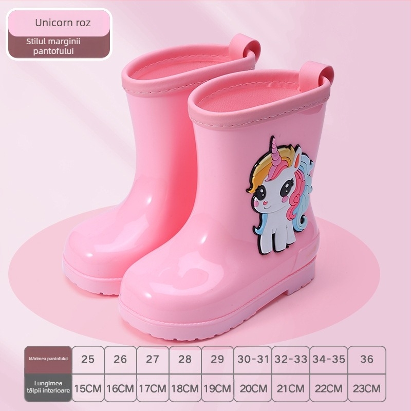 Cizme de ploaie pentru copii – imprimeu desen animat, PVC, toc mic 1–3 cm, înălțime tub medie, pentru toate sezoanele, unisex