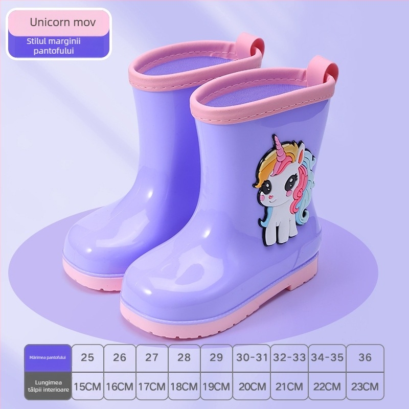 Cizme de ploaie pentru copii – imprimeu desen animat, PVC, toc mic 1–3 cm, înălțime tub medie, pentru toate sezoanele, unisex