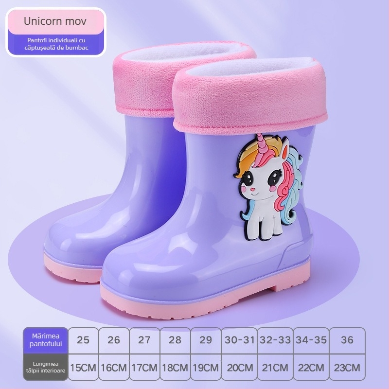 Cizme de ploaie pentru copii – imprimeu desen animat, PVC, toc mic 1–3 cm, înălțime tub medie, pentru toate sezoanele, unisex