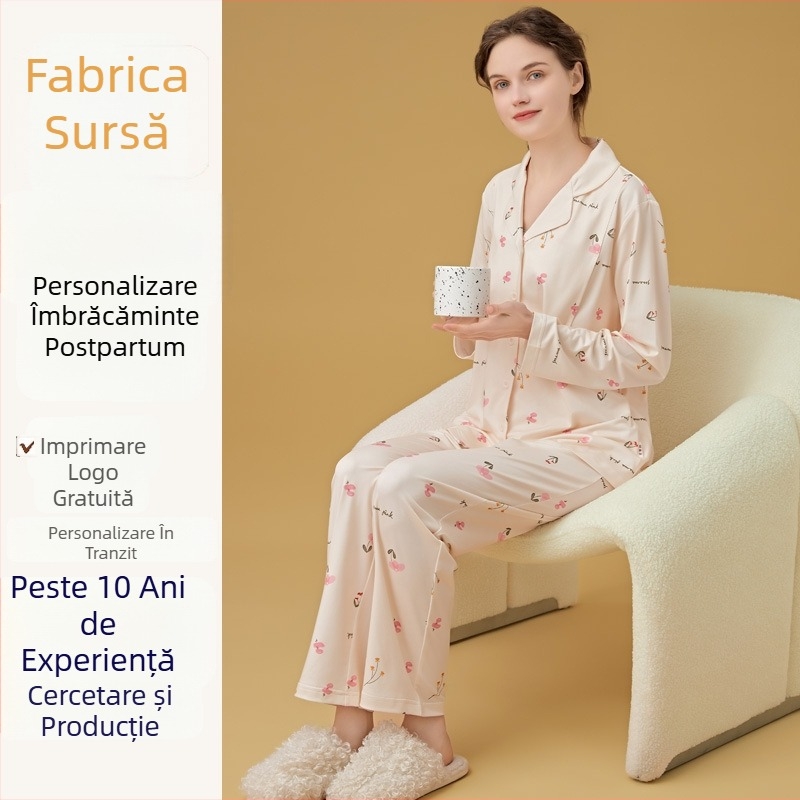 Set de pijama pentru alăptare și maternitate, cardigan stil, Milk Silk, 100% poliester, mâneci lungi, pantaloni, primăvară-toamnă