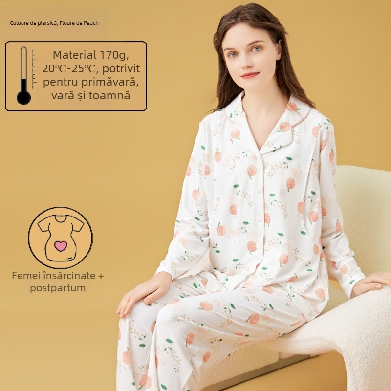 Set de pijama pentru alăptare și maternitate, cardigan stil, Milk Silk, 100% poliester, mâneci lungi, pantaloni, primăvară-toamnă