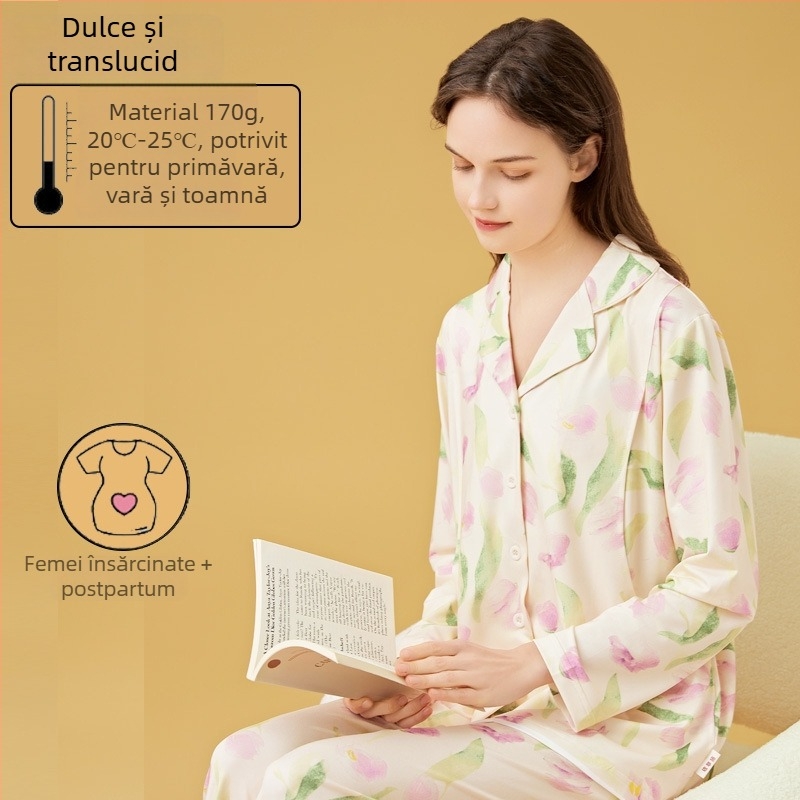 Set de pijama pentru alăptare și maternitate, cardigan stil, Milk Silk, 100% poliester, mâneci lungi, pantaloni, primăvară-toamnă