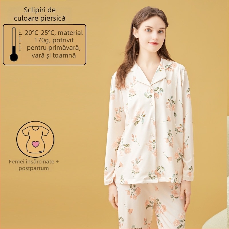 Set de pijama pentru alăptare și maternitate, cardigan stil, Milk Silk, 100% poliester, mâneci lungi, pantaloni, primăvară-toamnă