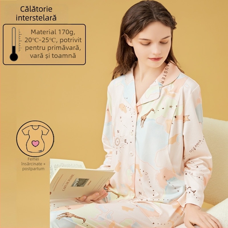 Set de pijama pentru alăptare și maternitate, cardigan stil, Milk Silk, 100% poliester, mâneci lungi, pantaloni, primăvară-toamnă