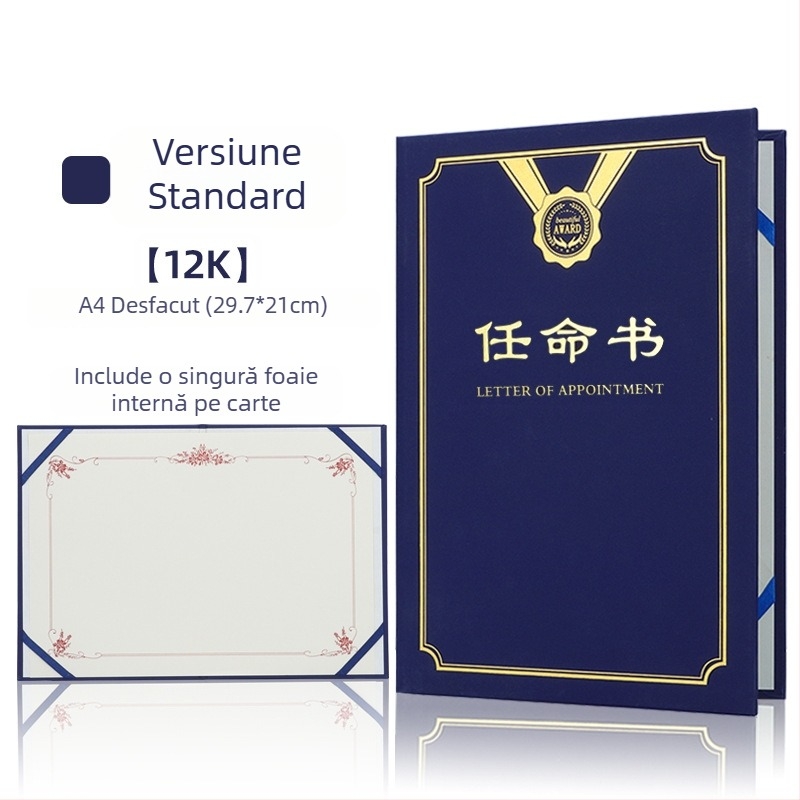 Scrisoare de numire cu copertă din folie termică aurie și finisaj perlat mat pe hârtie. Specificații: 12K, 8K, 6K, 5K, 16K. Destinat elevilor, profesorilor, funcționarilor, personalului de birou și angajaților din companie.