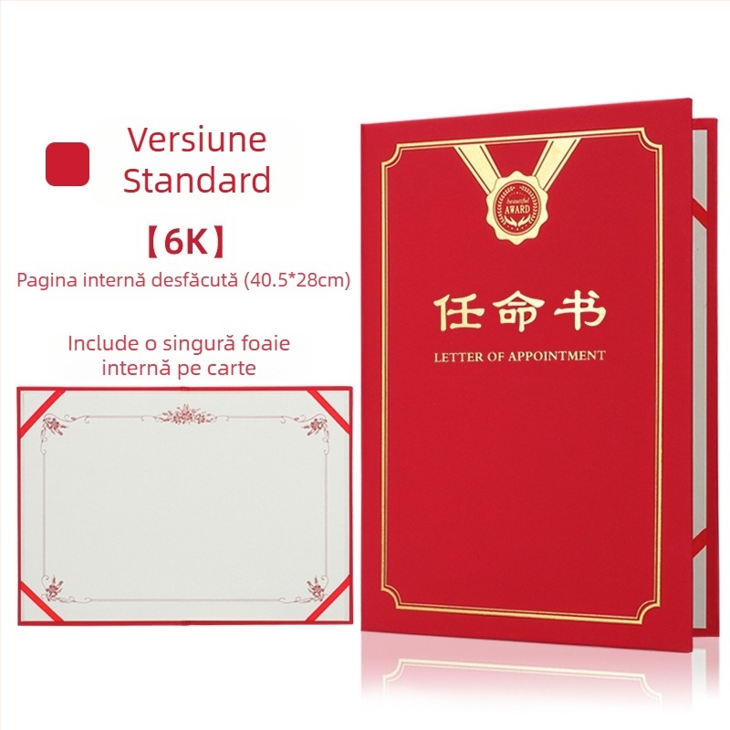 Scrisoare de numire cu copertă din folie termică aurie și finisaj perlat mat pe hârtie. Specificații: 12K, 8K, 6K, 5K, 16K. Destinat elevilor, profesorilor, funcționarilor, personalului de birou și angajaților din companie.