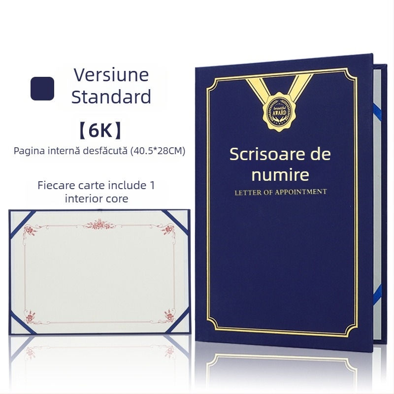 Scrisoare de numire cu copertă din folie termică aurie și finisaj perlat mat pe hârtie. Specificații: 12K, 8K, 6K, 5K, 16K. Destinat elevilor, profesorilor, funcționarilor, personalului de birou și angajaților din companie.