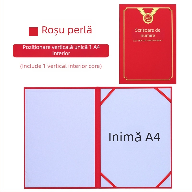 Scrisoare de numire cu copertă din folie termică aurie și finisaj perlat mat pe hârtie. Specificații: 12K, 8K, 6K, 5K, 16K. Destinat elevilor, profesorilor, funcționarilor, personalului de birou și angajaților din companie.