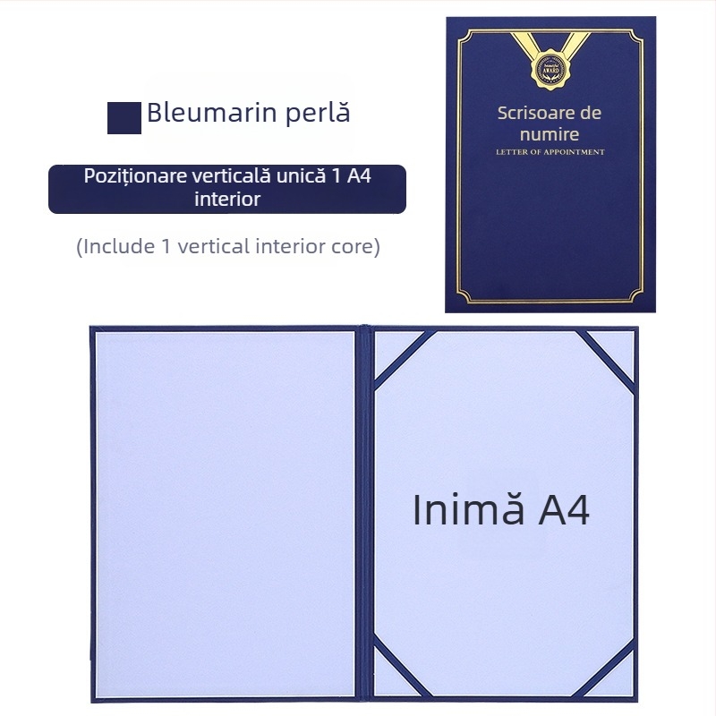 Scrisoare de numire cu copertă din folie termică aurie și finisaj perlat mat pe hârtie. Specificații: 12K, 8K, 6K, 5K, 16K. Destinat elevilor, profesorilor, funcționarilor, personalului de birou și angajaților din companie.