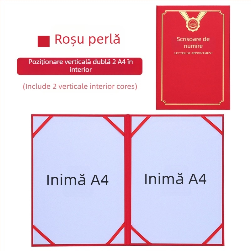 Scrisoare de numire cu copertă din folie termică aurie și finisaj perlat mat pe hârtie. Specificații: 12K, 8K, 6K, 5K, 16K. Destinat elevilor, profesorilor, funcționarilor, personalului de birou și angajaților din companie.