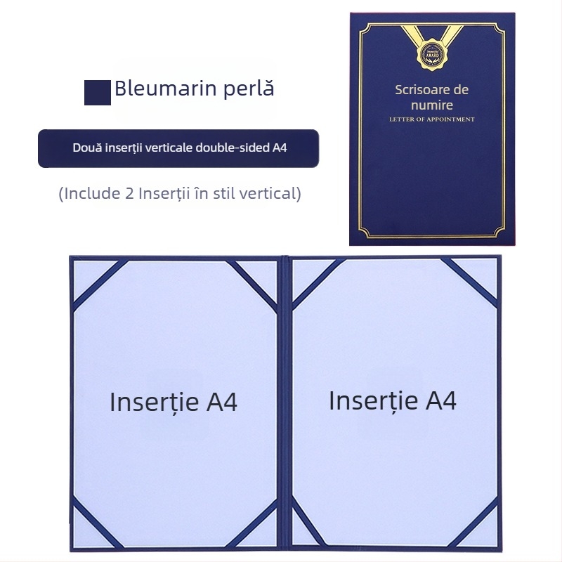 Scrisoare de numire cu copertă din folie termică aurie și finisaj perlat mat pe hârtie. Specificații: 12K, 8K, 6K, 5K, 16K. Destinat elevilor, profesorilor, funcționarilor, personalului de birou și angajaților din companie.