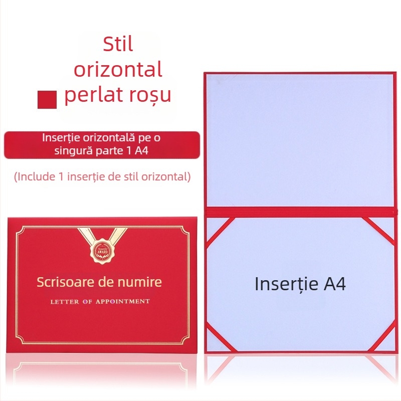 Scrisoare de numire cu copertă din folie termică aurie și finisaj perlat mat pe hârtie. Specificații: 12K, 8K, 6K, 5K, 16K. Destinat elevilor, profesorilor, funcționarilor, personalului de birou și angajaților din companie.