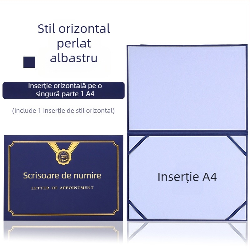 Scrisoare de numire cu copertă din folie termică aurie și finisaj perlat mat pe hârtie. Specificații: 12K, 8K, 6K, 5K, 16K. Destinat elevilor, profesorilor, funcționarilor, personalului de birou și angajaților din companie.