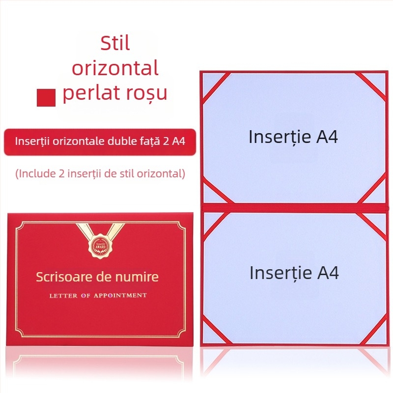 Scrisoare de numire cu copertă din folie termică aurie și finisaj perlat mat pe hârtie. Specificații: 12K, 8K, 6K, 5K, 16K. Destinat elevilor, profesorilor, funcționarilor, personalului de birou și angajaților din companie.